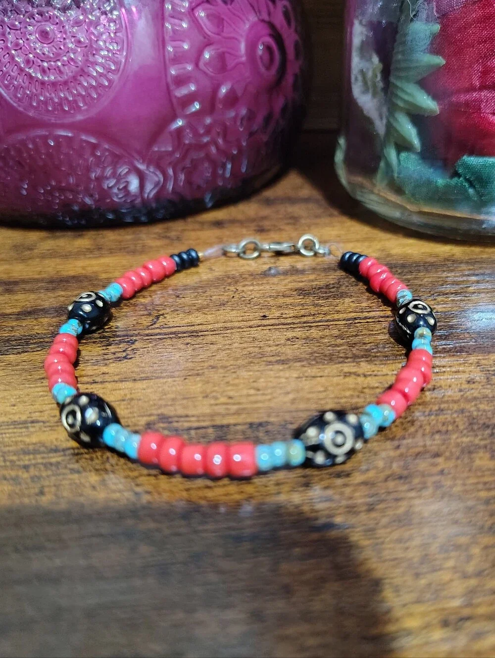 Handcrafted Coral Red & Turquoise Men's Beaded Bracelet with Black Accent Beads